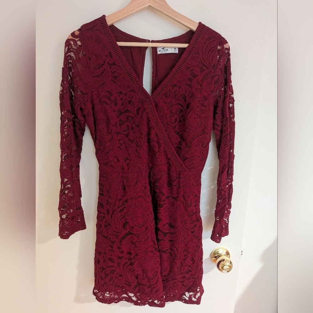 Hollister Burgundy Lace Wrap-Style Long Sleeve Dress